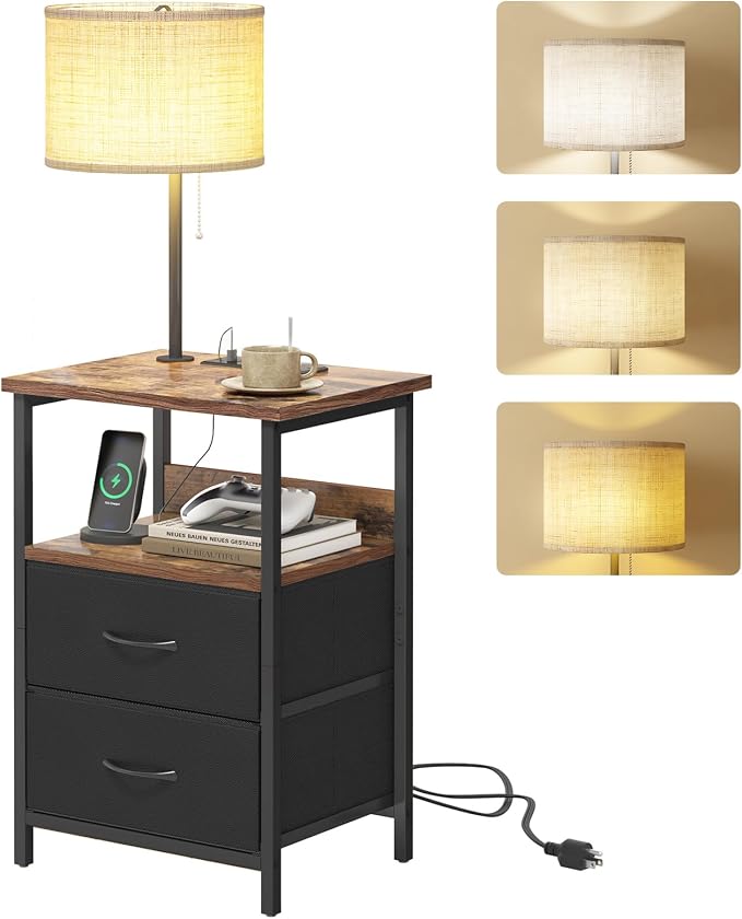 Fixwal Bedside Table with 3 Color Temperature Reading Light, Nightstand with LED Light & Charging Station End Table with Adjustable Fabric Drawer for Bedroom, Dorm, Rustic Brown by Fixwal