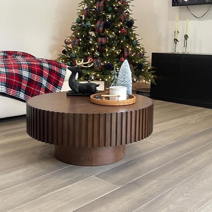 31.49" Walnut Coffee Table Round Wood, Modern Unique Fluted Tea Table, Contemporary Drum Circle Accent Center Table for Living Room, Small Space, Apartment