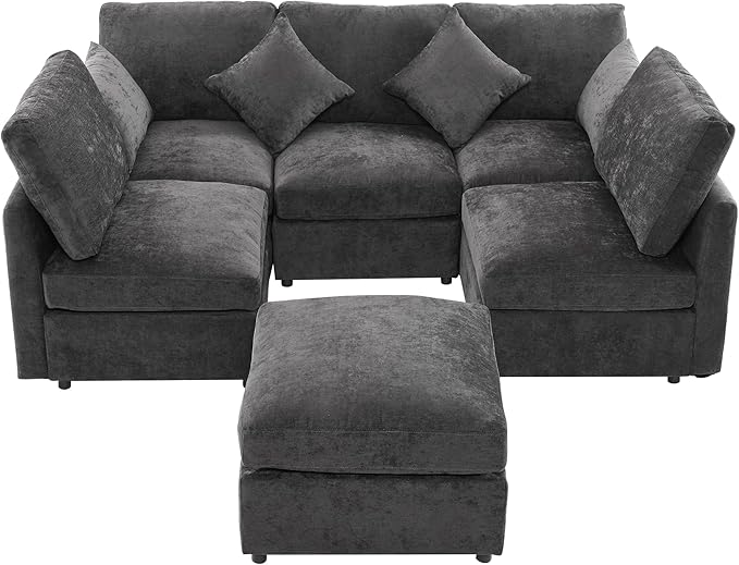 Eafurn 6 Seater Reversible Modular Sectional Sofa Convertible Sleeper Couch Bed, Free Combination Chenille Upholstered Corner Sofa Couches with USB Ports and Detachable Cushions (Black)