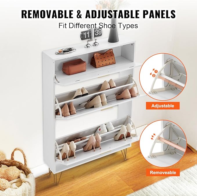VEVOR Shoe Cabinet with 2 Flip Drawers, Modern Shoes Storage Cabinet with Storage Drawer and Anti-Tipping Device, Freestanding Shoe Organizer Ideas for Entryway, Hallway, Bedroom, Living Room, White - Image 7