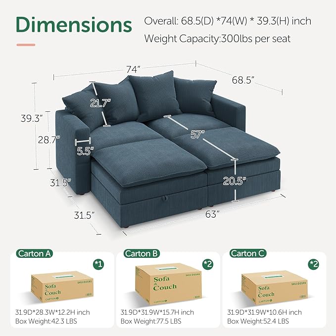 HONBAY Modular Sectional Sleeper Sofa, Corduroy 4 Seater Couch with Storage, Sectional Sleeper Couches for Living Room, Blue