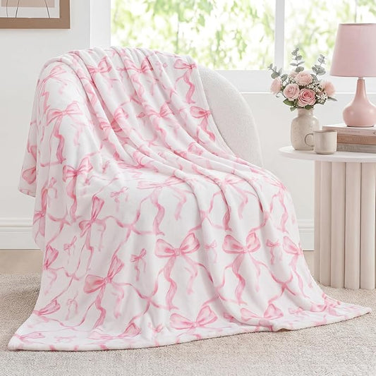 Buryeah Pink Bow Throw Blanket 60"x80" Ultra Soft Flannel Coquette Aesthetic Blanket for Girls Women Preppy Room Decor for Bed Sofa Spring Wedding Mother's Day Graduation Back to School Gift