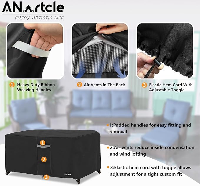 ANartcle Patio Coffee Table Cover, 600D Waterproof Heavy Duty Rectangular Outdoor Table Cover,Patio Furniture Covers,48 x 28 x 16 inch,Black - Image 4