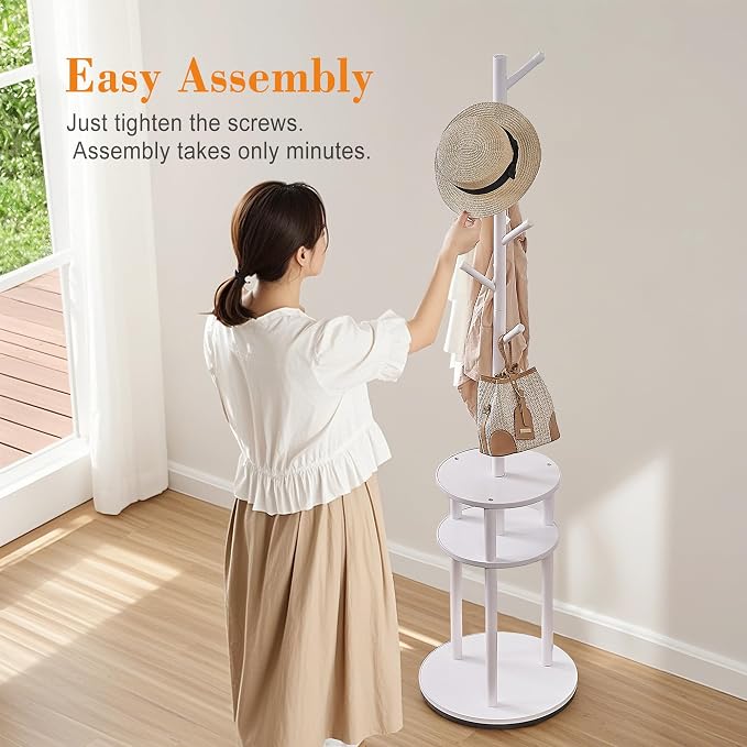 VECELO Coat Rack Freestanding, Entryway Hanger Stand, Umbrella Holder, Hall Tree With Hooks, Floor Standing Metal Tree Stand,White - Image 8