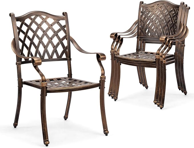 VINGLI Patio Chairs Set of 4 - Stackable Outdoor Cast Aluminum Dining Chairs with Vintage Bronze Finish and Diamond Pattern, Metal Armchairs for Poolside, Backyard, Balcony (No Cushion) by VINGLI