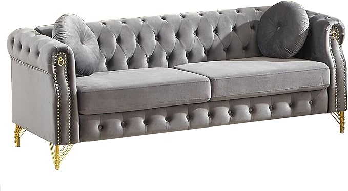 ERYE 82-Inch Button Tufted Sofa Couch with 2 Round Pillows, 3 Seat Velvet Tufted Sofa Spacious Chesterfield Loveseat Couches W/Nailhead Decor,Ring Accent & Golden Legs