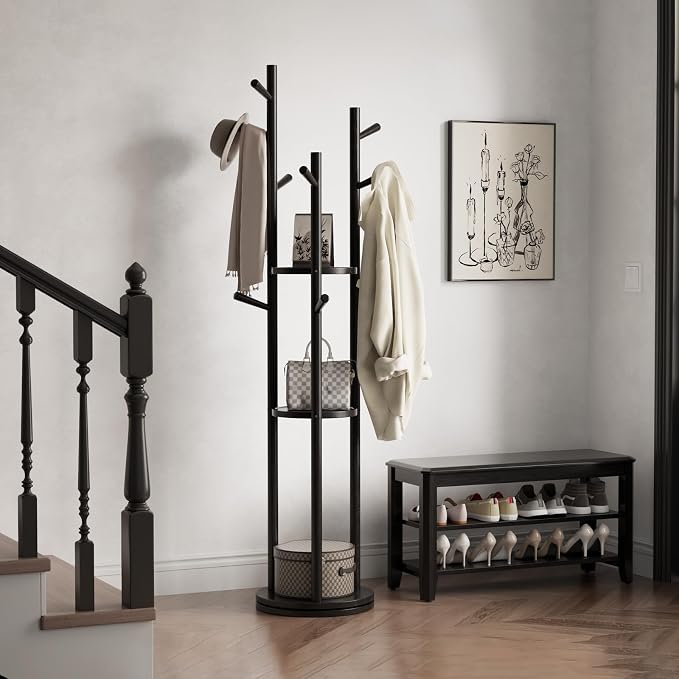 Muwuele Solid Wood Rotary Coat Rack, Freestanding Coat Rack with 3 Shelves and 9 Hooks, Coat tree for Bedroom, Entryway, Livingroom, Coat Hanger Stand for Coats, Scarves, Handbags (Black) - Image 8
