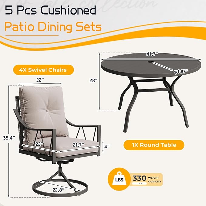 EROMMY 5-Piece Outdoor Patio Dining Set, 4 Wicker Swivel Rocking Chairs with 4" Cushions, 42" Round Table with Adjustable Umbrella Hole for Yard, Backyard, Black - Image 2
