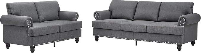 2 Pieses Living Room Sofa Sets Linen Fabric Couch and Loveseat with Nailhead Decor, Soild Wood Legs, Rolled Armrests & Storage ,2PCS Sofas 3 Seaters Couch and Love Seat for Living Room Furniture Sets