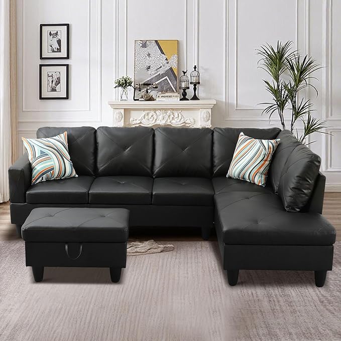 Sectional Couches for Living Room Furniture Sets, 4 Seat L Shaped Couches with Ottoman, Modular Sectional Sofa for Apartment Furniture Sets, Black