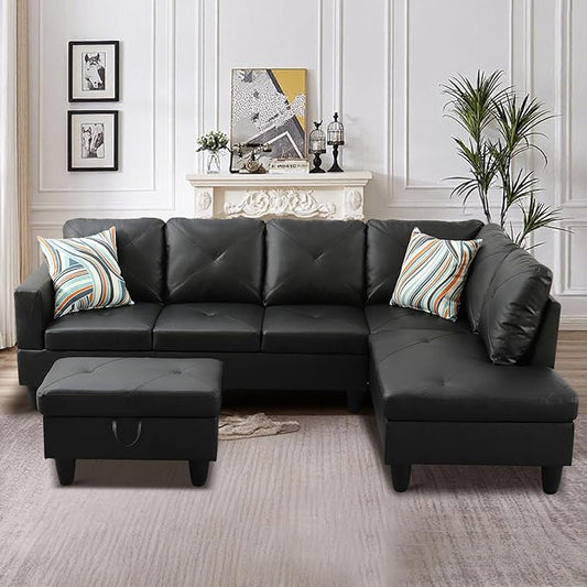 Sectional Couches for Living Room Furniture Sets, 4 Seat L Shaped Couches with Ottoman, Modular Sectional Sofa for Apartment Furniture Sets, Black