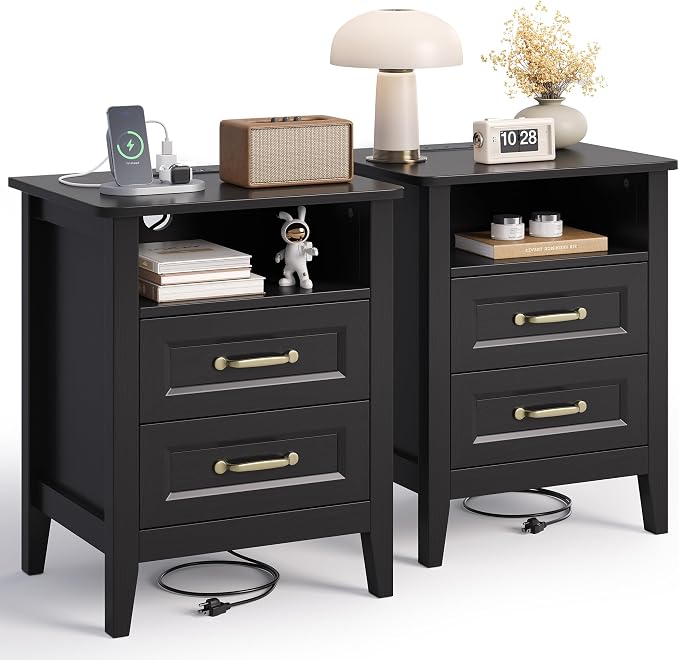 Gizoon Nightstand Set of 2 with Charging Station, Bedside Table Set for Bedroom, Modern Wood Nightstand with 2 Drawers & Open Shelf, Black by Gizoon