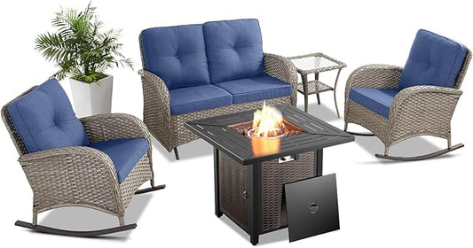 Belord 5 Piece Patio Furniture Set with 50000 BTU Propane Fire Pit Table, All-Weather Patio Rocking Chairs, Loveseat Glider and Side Table for Outdoor Conversation Deck Backyard Poolside