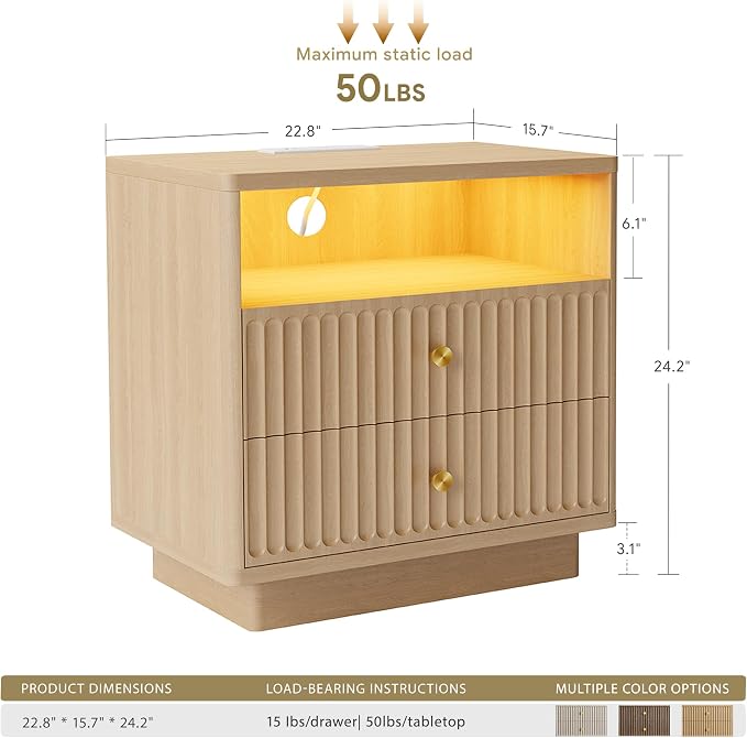PAPROOS 23'' Fluted Nightstand Set of 2 with Charging Station, Modern Bedside Table with Motion Sensor LED Light, 2-Drawer Storage Cabinet for Bedroom & Home Office (2pc Natural Wood) - Image 3