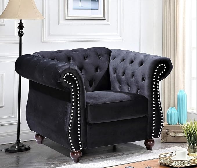 Feinstein Modern Velvet Chesterfield Couches for Living Room with Nailheads, Diamond Tufting & Durable Metal Frame, Chair, Black