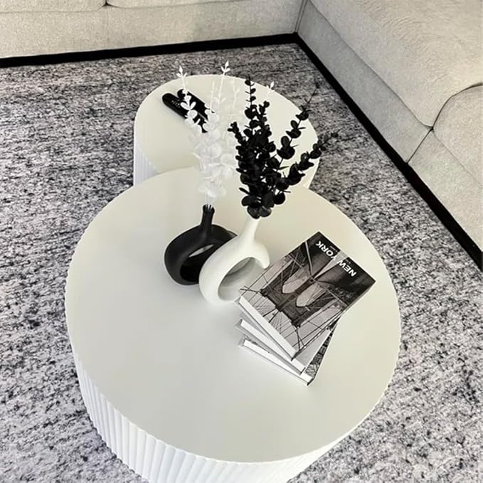 kevinplus 55.12'' White Round Nesting Coffee Table Set of 2, Modern Side End Table for Living Room, Contemporary Wood Circle Embossed Crescent Design, No Assembly, White