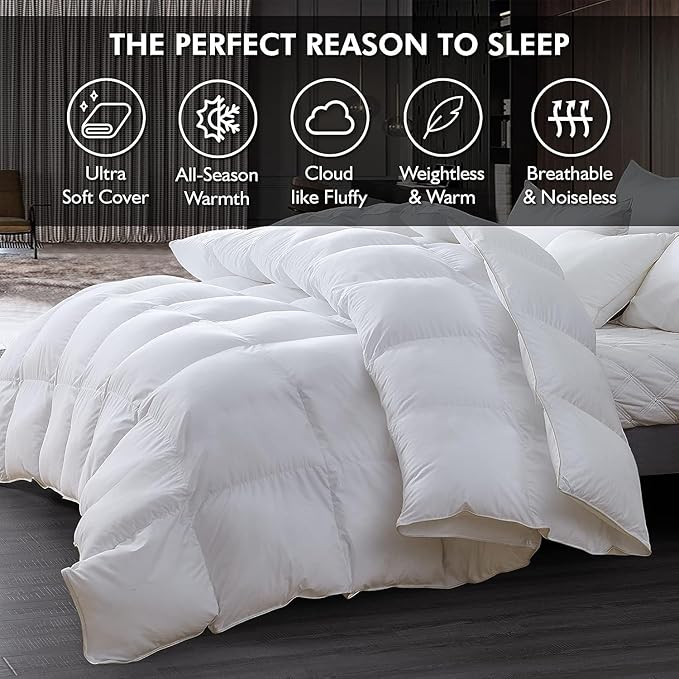 Luxurious Twin/Twin XL Goose Down Comforter, Unique White Solid, 600 Thread Count, 100% Egyptian Cotton Cover, 65 Oz Fill Weight, 750 Fill Power