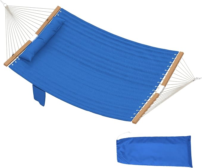 Outsunny Outdoor Hammock, 2-Person Hammock with Head Pillow and Pad, Wood Spreader Bars, 440 lbs Capacity, for Patio Yard Garden, 128" x 55", Navy Blue by Outsunny