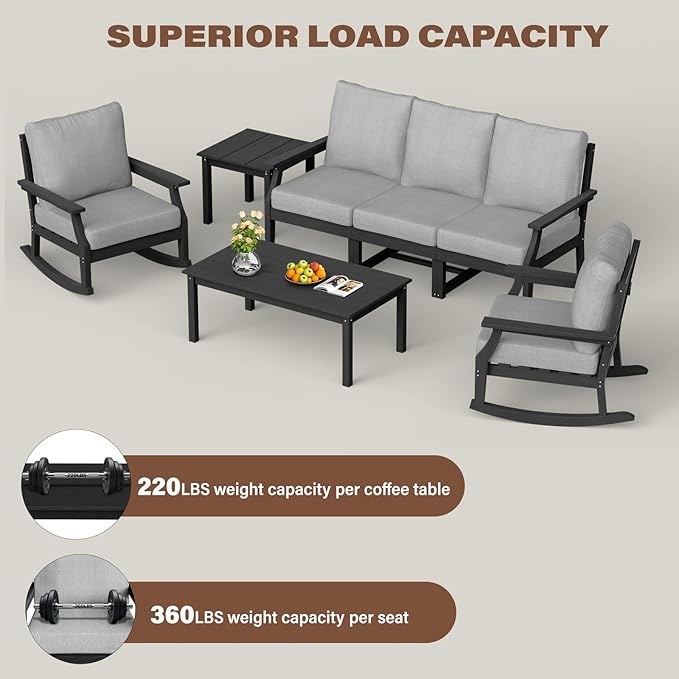 HDPE Patio Conversation Set, 7-Piece All Weather Outdoor Furniture Set with 2 Single Rocking Armchairs for Deck, Lawn, with Cushion, Black