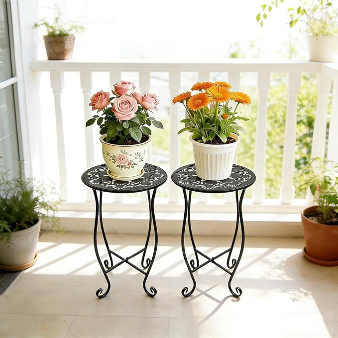 Arbuxzuy 2 Packs 17" Tall Round Metal Outdoor Side Tables for Patio, Decorative Black Flower Pot Stand, Rustproof Potted Holder, 120 lbs Load Capacity - Image 8