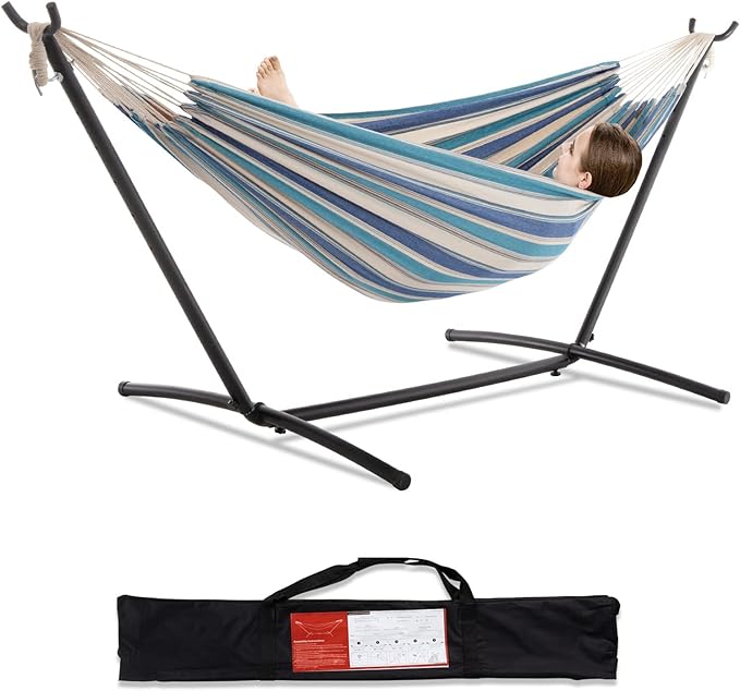 PNAEUT Double Hammocks with Stand for Outside, Portable Space Saving Heavy-Duty Steel Stand for Indoor Outdoor Patio with Carrying Bag, 450 lbs Capacity (Lightblue) by PNAEUT