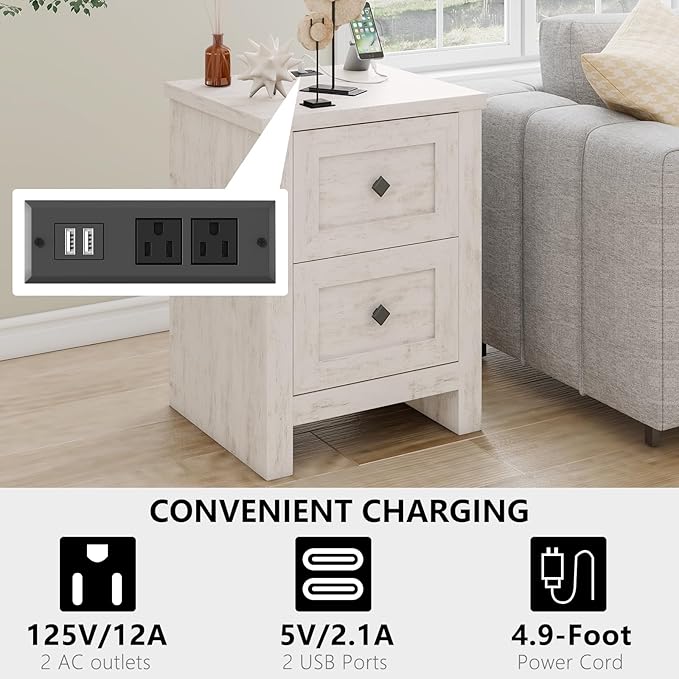 LUXOAK 3 Pieces Bedroom Sets, Includes Full Size Lift Up Storage Platform Bed Frame, 2 Drawers Farmhouse Nightstand Set of 2 with Charging Station, No Box Spring Needed, White Oak