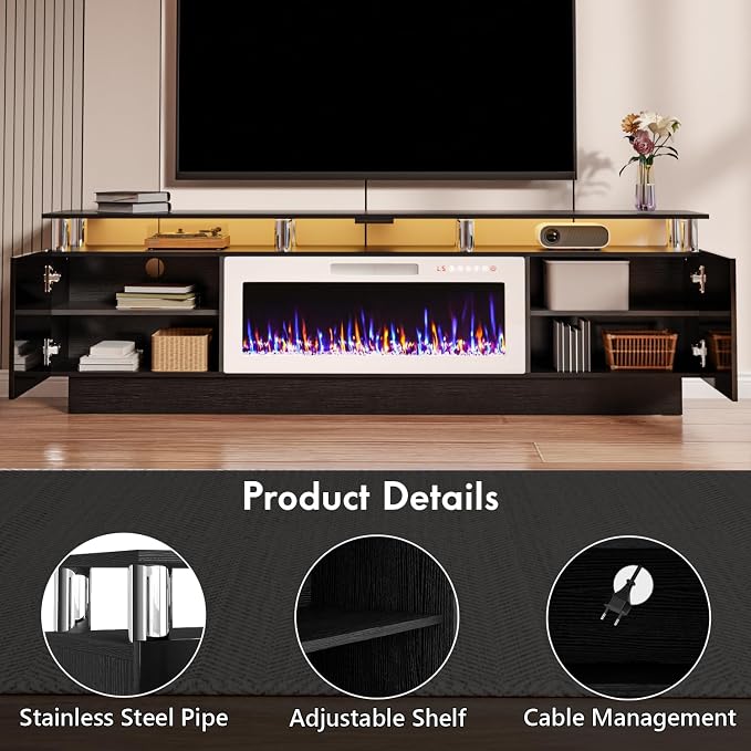 TAVATA 80" Fireplace TV Stand Up to 90" TVs, High Gloss Modern Entertainment Center with Storage, Wood Media Console Cabinet with 36" Fireplace & Open Shelf for Living Room, Black+White - Image 4