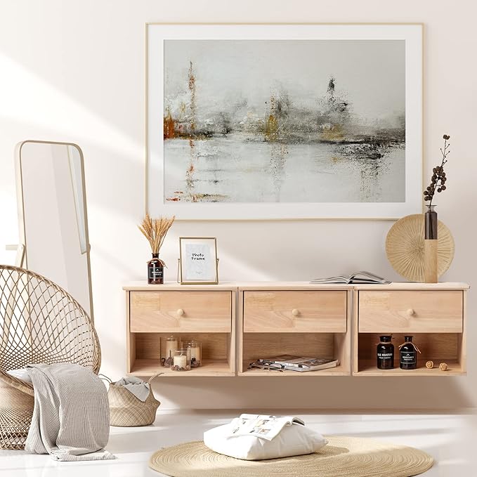 VINGLI Unfinished Natural Solid Wood Floating Nightstand for Bedroom, Small Nightstand with Drawer/Shelf, Farmhouse Night Stand Wall-Mounted Nightstand/Bedside Table for Small Space Color DIY - Image 2