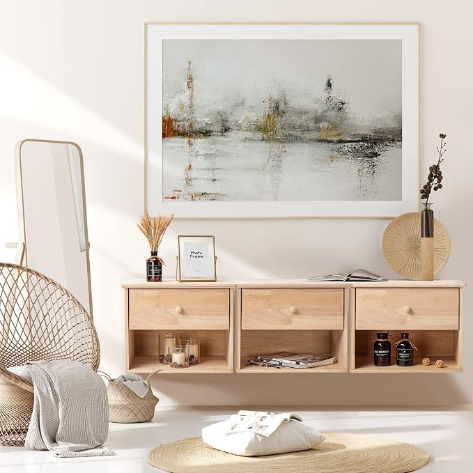 VINGLI Unfinished Natural Solid Wood Floating Nightstand for Bedroom Set of 2, Small Nightstand with Drawer & Open Shelf, Farmhouse Night Stand Wall-Mounted Bedside Table for Small Space Color DIY - Image 2