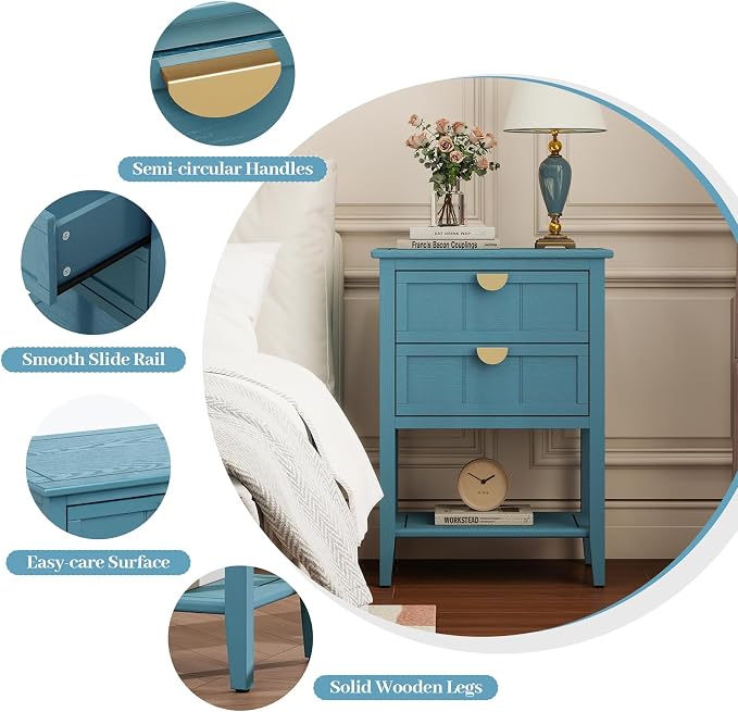 Blue Wood Nightstand with 2 Drawers and Open Shelf, Modern Bedside Table with Solid Wood Frame and Golden Handles, Narrow Wooden Side Table for Bedroom, 1 PC - Image 3