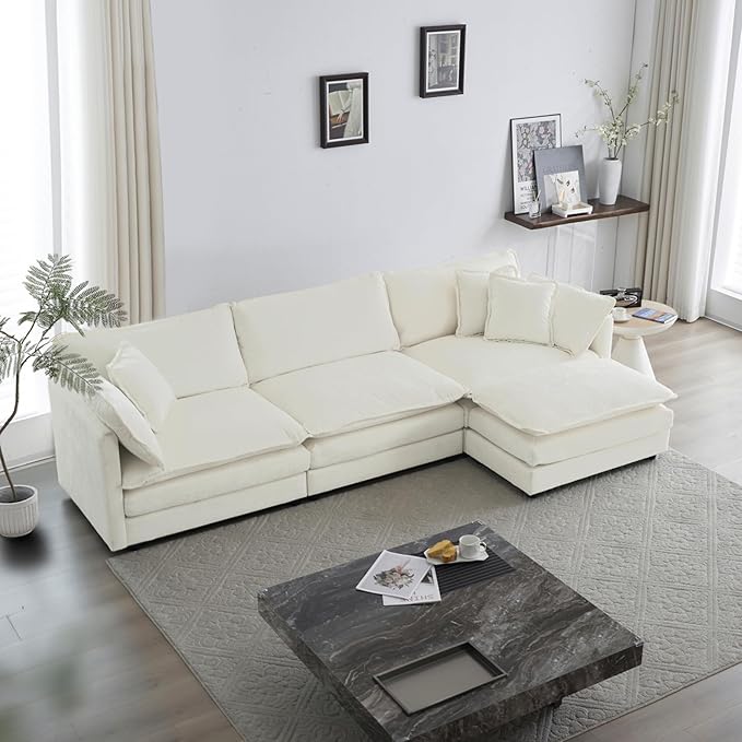 KEIKI Combination Sofa, Upholstered 3 Seater Couch, Oversized L Shaped Sectional Sofa with Reversible Ottoman for Living Room Bedroom Office, White