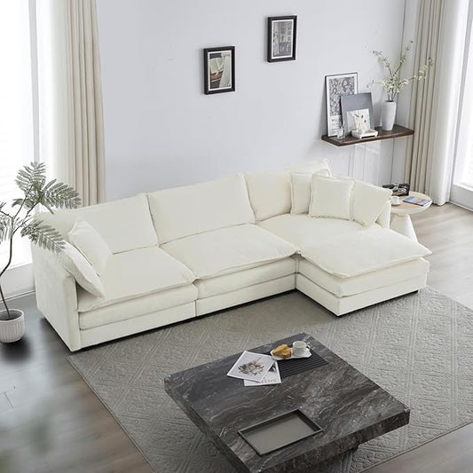 KEIKI Combination Sofa, Upholstered 3 Seater Couch, Oversized L Shaped Sectional Sofa with Reversible Ottoman for Living Room Bedroom Office, White