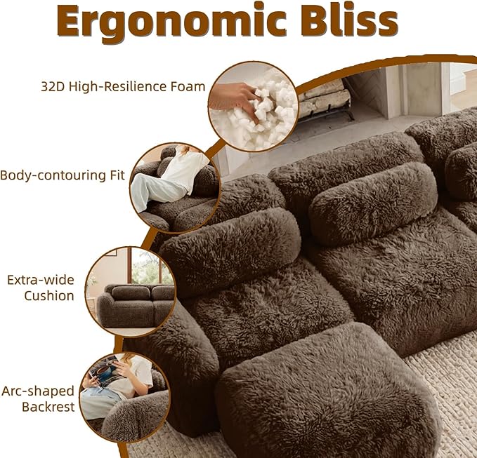 114.7" L-Shaped Boneless Modular Sofa, Plush Foam Lounge Couch, 32D High Density Sponge, Plush Convertible Sofa Set Deep Seat Couches for Living Room, Bedroom and Apartment, Chocolate