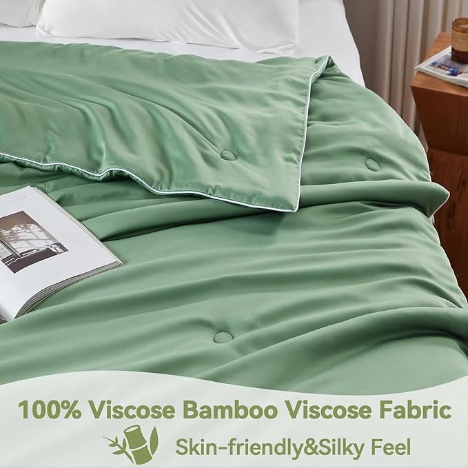 Globon Cooling Comforter Queen Size, Lightweight Summer Comforter for Hot Sleepers,Ultra Soft Bamboo Viscose Fabric, Breathable & Moisture Wicking, Soy Fiber Blend Fill, Sage Green