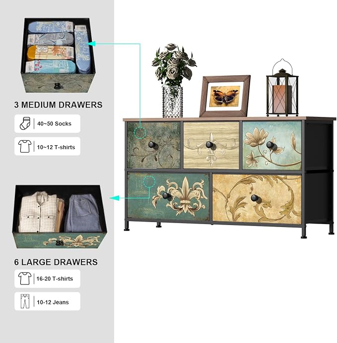 Tohomeor Dresser with Drawers for Bedroom Chest of Drawers Fabric Dresser for Closet,Nursery Entryway Hall Tree TV Stand for Living Room Retro Floral Pattern Drawers Wooden Top (5 Drawers) - Image 4