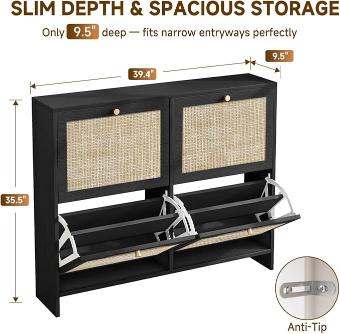 Nicetree Shoe Cabinet Storage for Entryway, 4-Flip Drawer Narrow Shoe Rack, Organic Modern Rattan Shoe Organizer with Gold Legs, Shoe Organizer Fits Men's Size 13.5, Black - Image 2