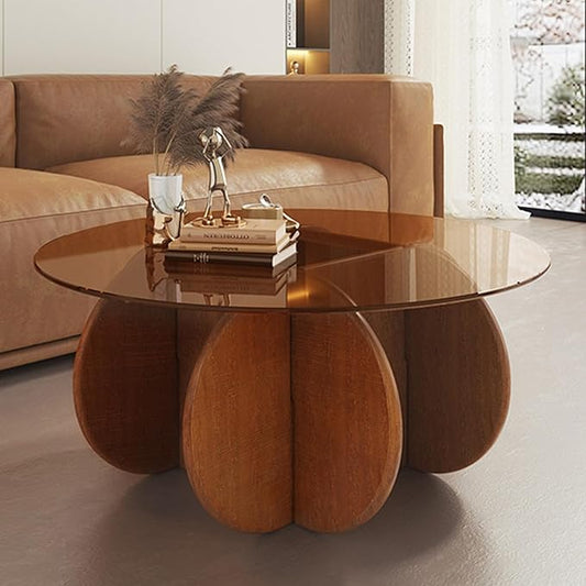 Modern Round Coffee Table with Solid Wood Legs,31.5'' Glass Coffee Tables for Living Room Rustic Circle Center Cocktail Table with Tempered Glass-Top,for Small Spaces, Unique | Modern, Living Room, Rustic, Center, Unique, Small Spaces