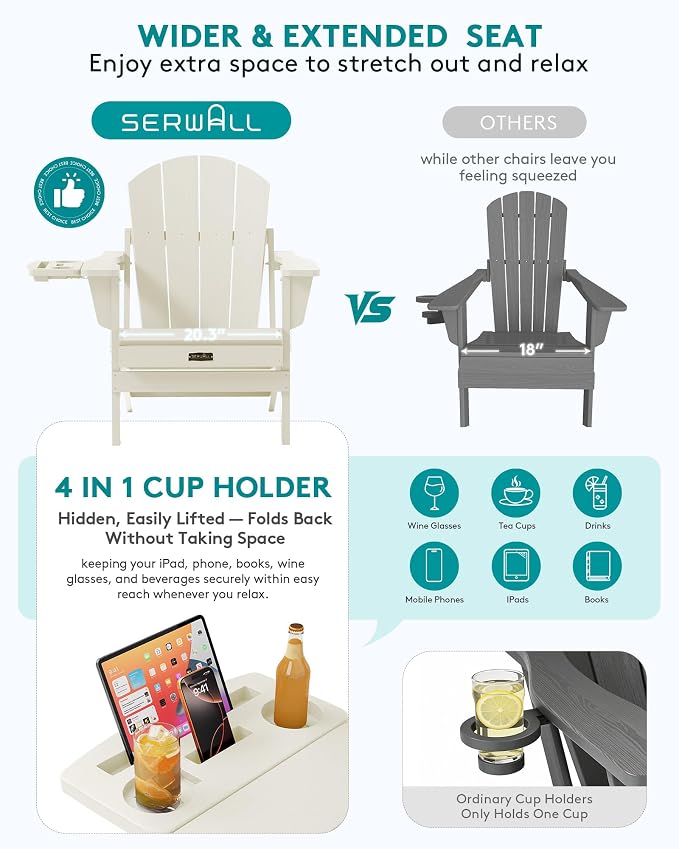 SERWALL Folding Adirondack Chair Set of 2, Adirondack Chairs with 4 in 1 Multi-Functional Cup Holder, All Weather Patio Chair with Wood Texture, Fire Pit Chairs for Outdoor, Garden, Backyard - White - Image 5