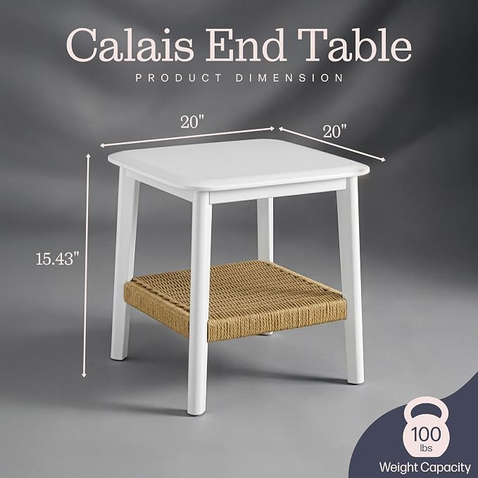 Alaterre Furniture Calais 2-Tier Small End Table with Woven Storage Shelf – Set of 2 Mid Century Modern Wooden Nightstand or Side Table for Small Spaces, Living Room & Bedroom (White) - Image 3
