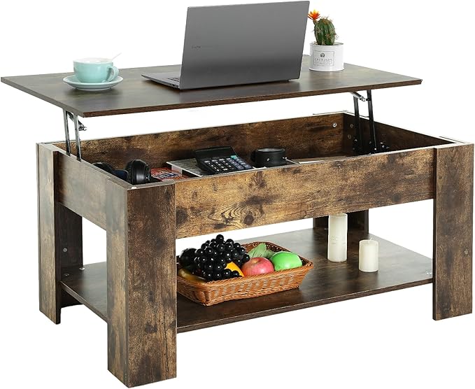 PayLessHere Coffee Table Lift Top Coffee Tables with Hidden Compartment and Storage Shelf Wooden Lift Tabletop Dining Table for Living Room Home (Brown, 39" D x 28" W x 24" H)