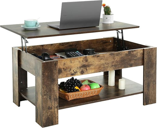 PayLessHere Coffee Table Lift Top Coffee Tables with Hidden Compartment and Storage Shelf Wooden Lift Tabletop Dining Table for Living Room Home (Brown, 39" D x 28" W x 24" H)