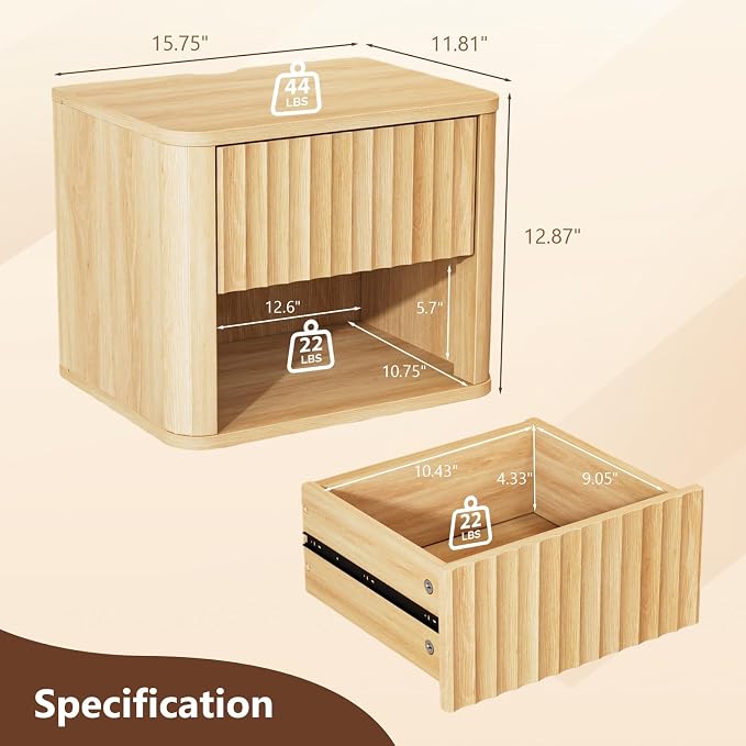 VINGLI Floating Nightstand, Fluted Night Stand Rounded Edge, 1 Drawer Bed Side Table, Storage Oak Nightstand with Drawers, Wood Night Stand End Table for Bedroom, 15.75" W x 11.81" D x12.87 H - Image 2
