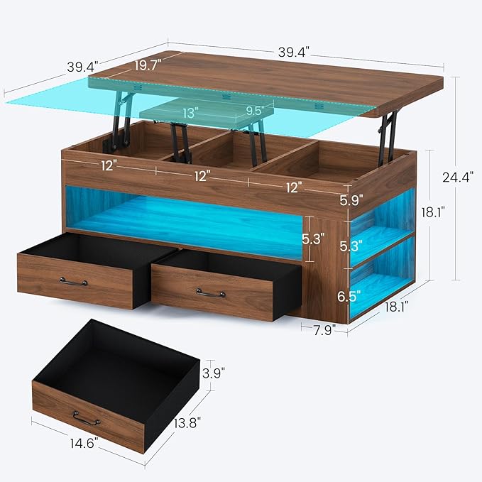 Itaar Lift Top Coffee Table, 4 in 1 Coffee Tables with Storage and Hidden Compartment, Farmhouse Coffee Table with 2 Fabric Drawers & LED Light for Living Room, Brown