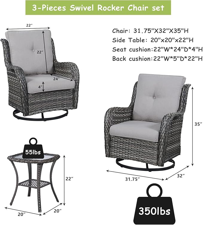 Rilyson Wicker Rocking Chair Swivel Chairs – 6 Piece Rocker Patio Furniture Set Rattan Rocking Bistro Sets with Glass Top Side Table for Outdoor Porch Deck Garden Backyard(Mixed Grey/Grey)