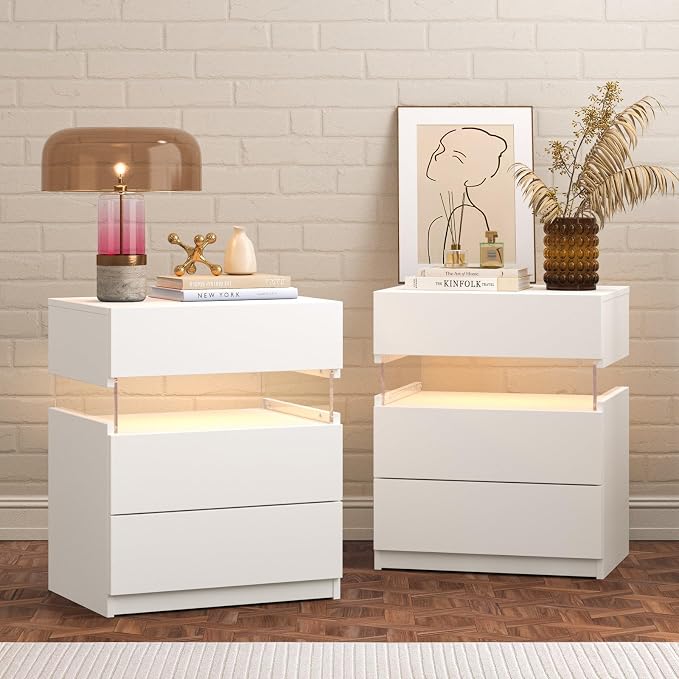 Bingoday White LED Nightstands Set of 2 Modern Night Stand Set 2 Bedside Table with 3 Drawers for Bedroom End Side Table by Bingoday