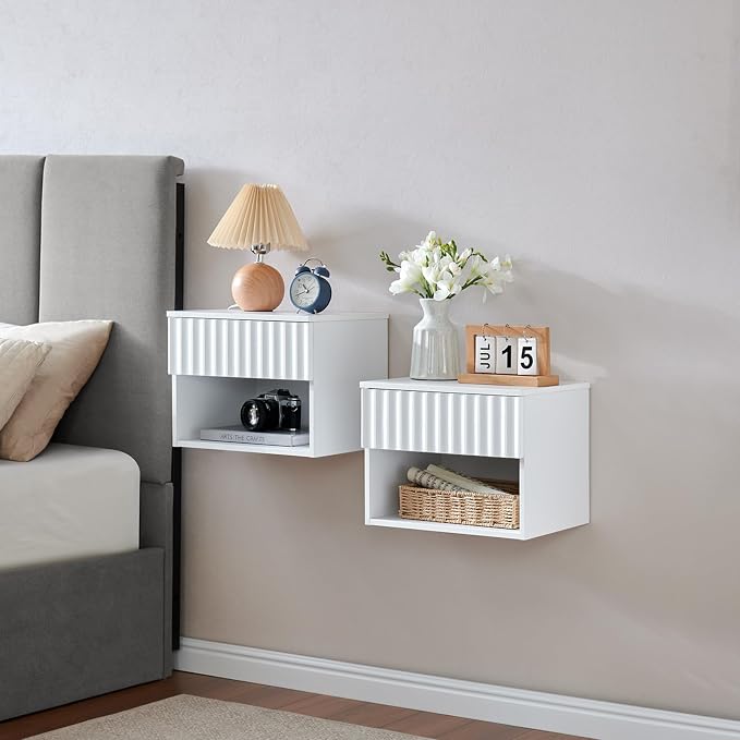 BuildHom Floating Nightstand with Fluted Drawer - Modern Wall Mounted Bedside Table with Open Storage Shelf, Small Night Stand TV Stand for Bedroom(Matte White, Set of 2) by BuildHom