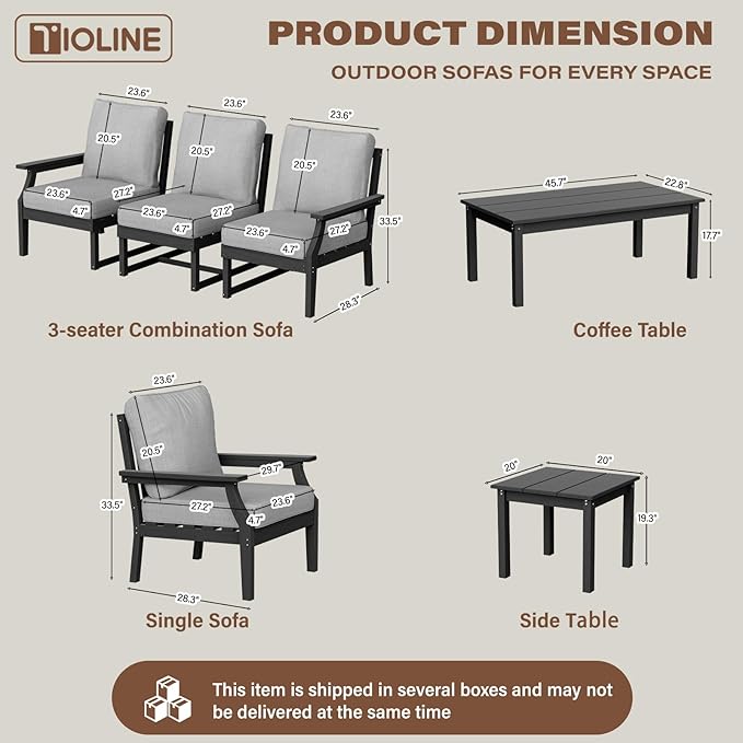 HDPE Patio Conversation Set, 7-Piece All Weather Outdoor Furniture Set with 2 Single Armchairs for Deck, Lawn, with Cushion, Black