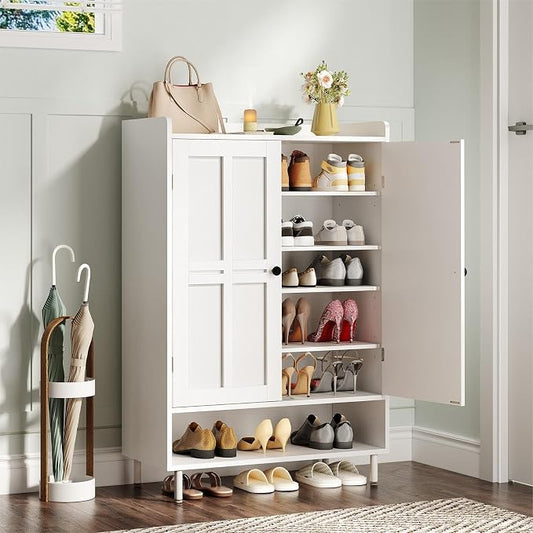 ONBRILL Shoe Storage Cabinet with Cross Molding Doors, 6-Tier Farmhouse Shoe Cabinet with 3 Adjustable Shelves and Metal Legs, 45'' Tall Shoes Rack Organizer Cabinet for Entryway, Front Door, White by ONBRILL