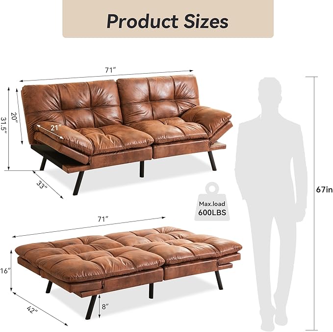 71" Convertible Futon Sofa,Faux Leather Futon Couch Bed,Sleeper Sofa Bed,Memory Foam Modern Folding Small Loveseat for Living Room,Office,Apartment,Classic Brown