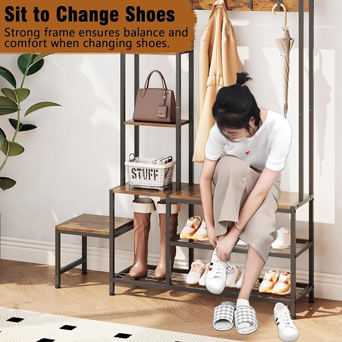 Espelism Hall Tree with Shoe Storage Bench Coat Rack with 7 Hooks Interchangeable 4 Tier Side Storage Shelves Small Cute Side Bench Industrial 5-in-1 Entryway Coat Rack for Hallway Mudroom Bedroom - Image 5